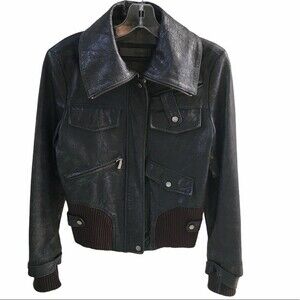 Punto Navy Leather Bomber Motto Jacket US 4